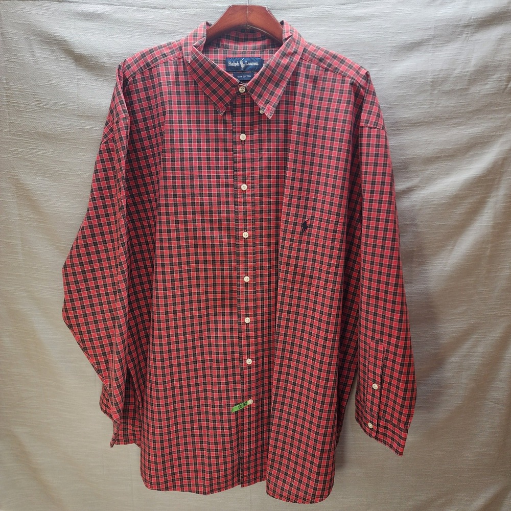 Ralph Lauren Men Red Black check Cotton Shirt L sleeve 3X No size tag